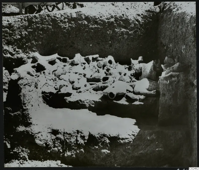 In situ finds in an excavation trench at Ayia Irini: a heap of broken pottery and fragments in the soil.