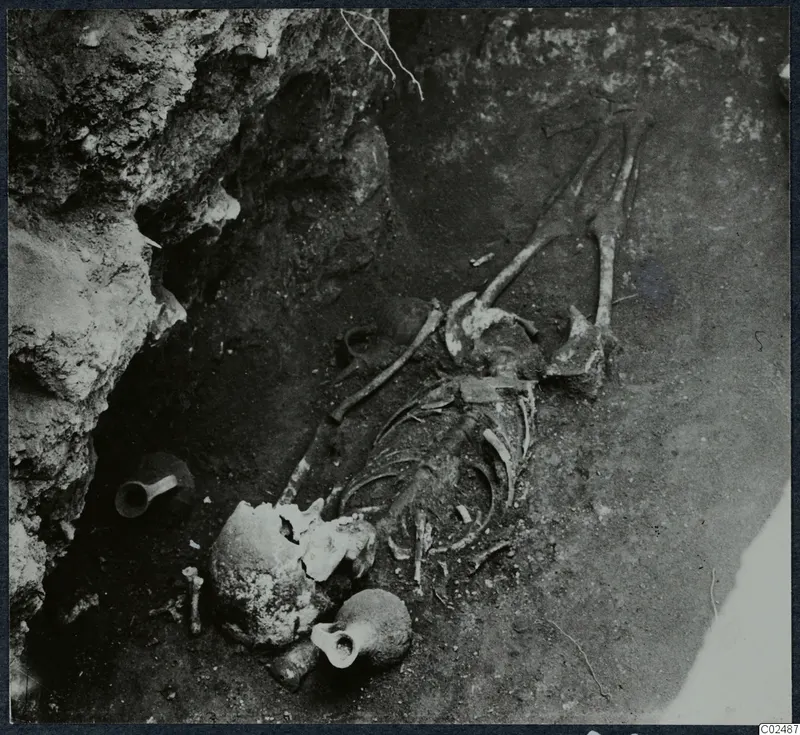 Skeleton and two small vessels lying in excavated soil beside a rock face at Enkomi