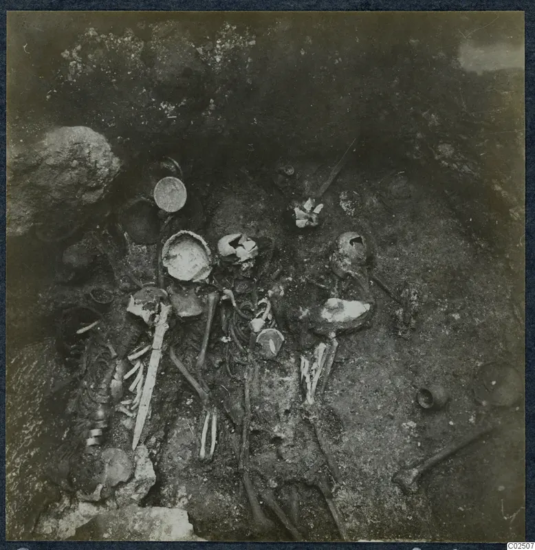 Tomb 18 at Enkomi, tomb chamber with skeletal remains and grave goods during excavation