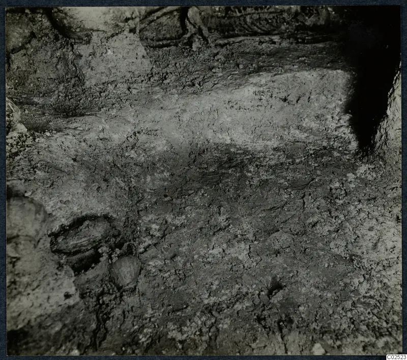 Tomb chamber floor at Enkomi, a dusty, cracked surface with rounded dark forms during excavation