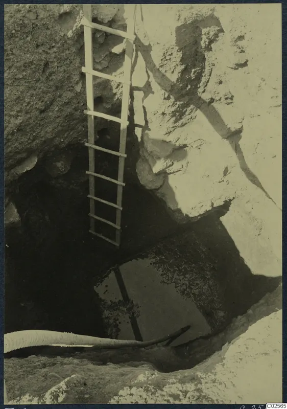 Wooden ladder leaning into the shaft of Tomb 18 at Enkomi, seen from above