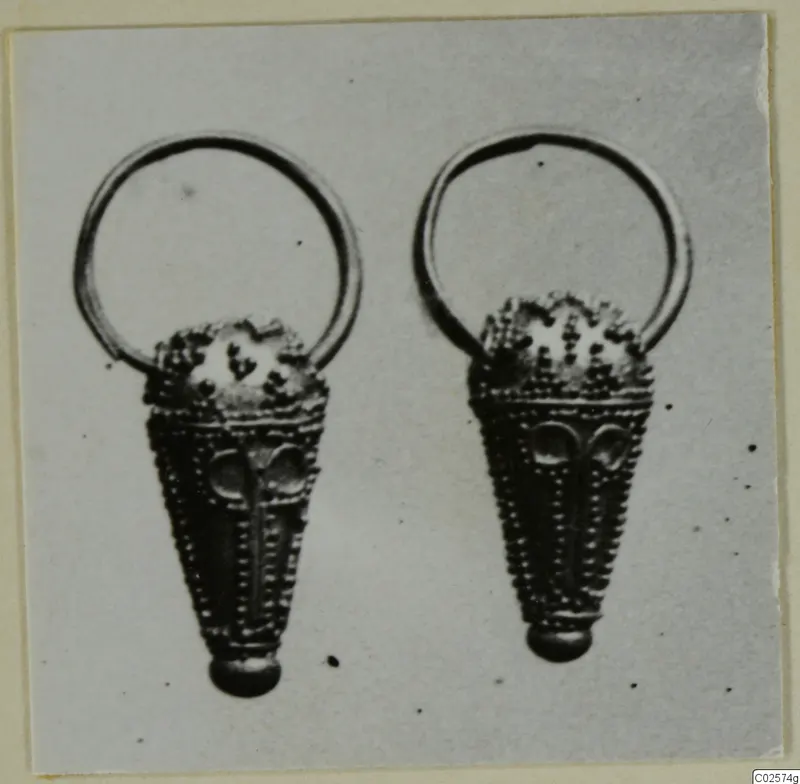 Two gold pendants with plain wire loops and dotted conical bodies, shown side by side