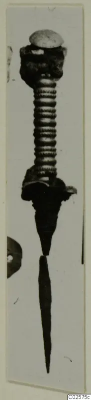 Metal pin with a disc-topped head and ribbed upper shank, with a long thin tapering point below.