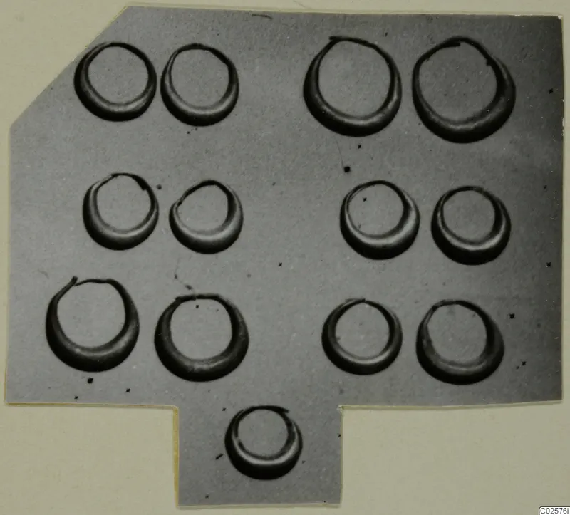 Group of hoop rings in rows, photographed on a card, from the Enkomi gold finds