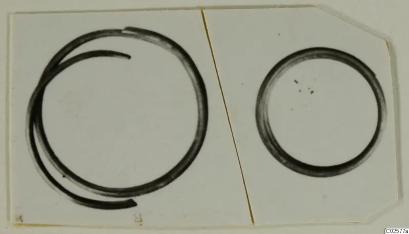 Two rings on a pale card: a larger open coil with overlapping ends and a smaller plain closed ring