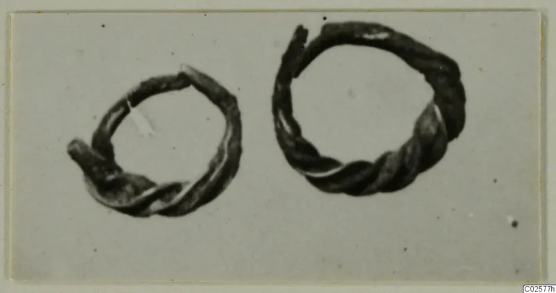Two twisted wire earrings from Enkomi, dark and tarnished, shown side by side