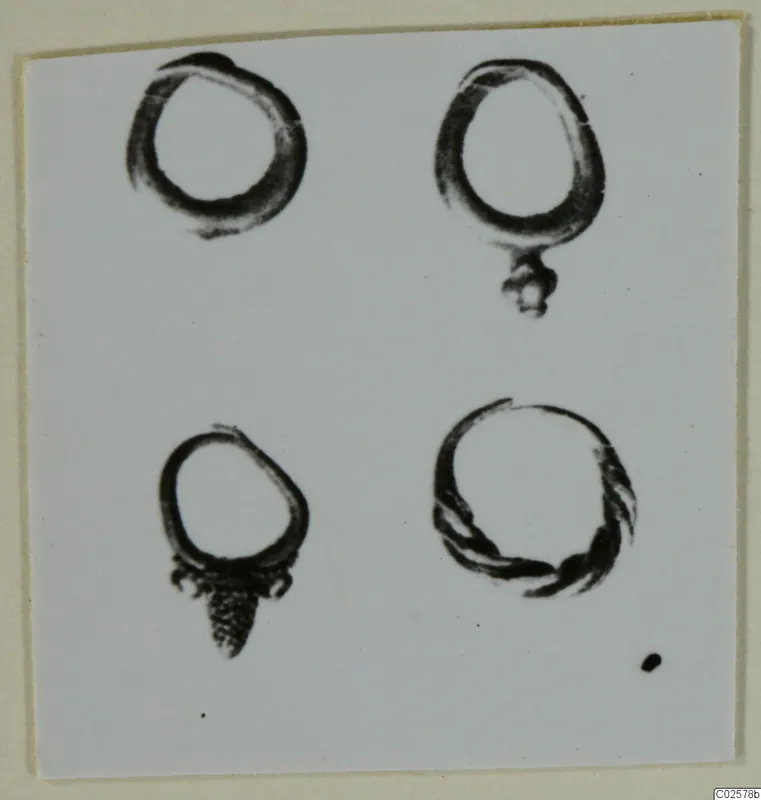 Four rings on a plain card, two of them with small hanging attachments