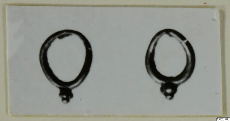 Two ring-shaped jewellery items, each with a small knobbed cluster at the base, shown on a card mount.