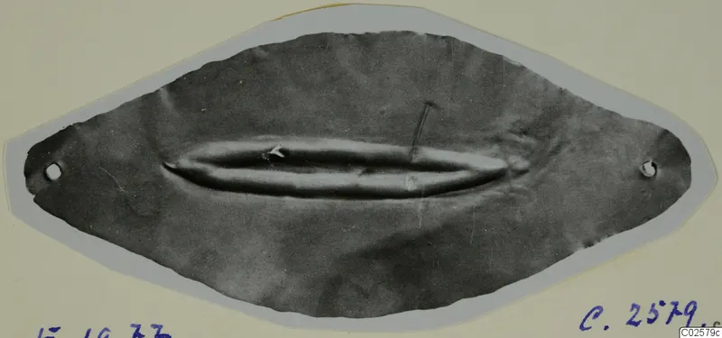 Thin lens-shaped metal ornament with two small holes at its ends, from Enkomi, shown on a mounted card.