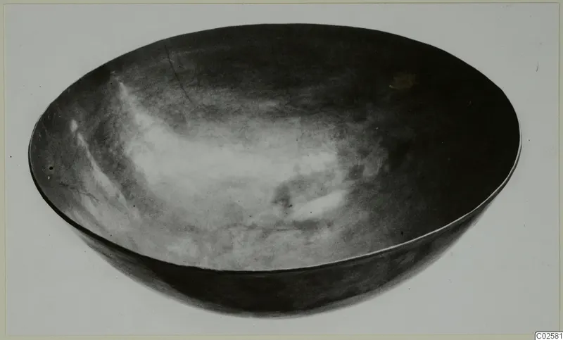 Shallow bowl with a smooth, dark surface and rounded walls, photographed on a pale background