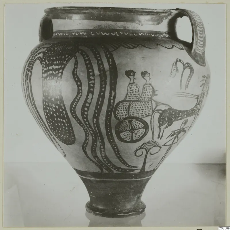 Pottery Levanto-Helladic Ware Amphora-Crater with dark painted wavy bands, dotted motifs, and animal and figure scenes on its body