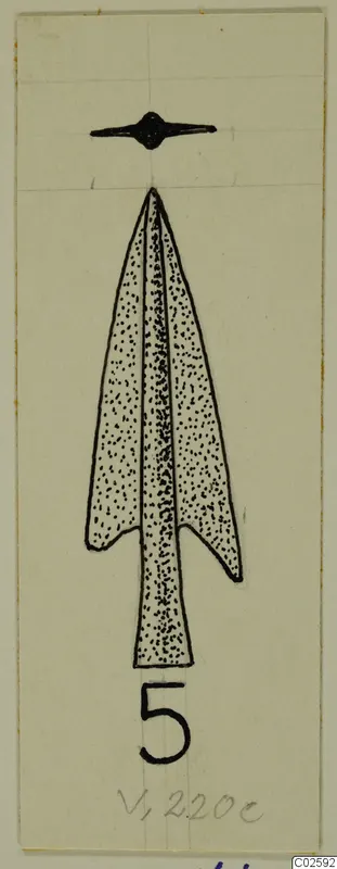 Drawing of a barbed bronze arrowhead with a tang, stippled in ink on card