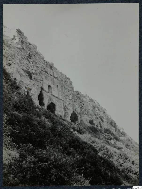 Steep pale limestone cliff with small arched openings cut into its face, with bushes on the slope below