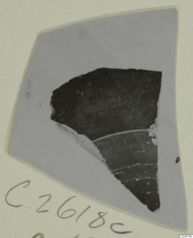 Pottery sherd, Red Lustrous II, shown as a print mounted on a grey card