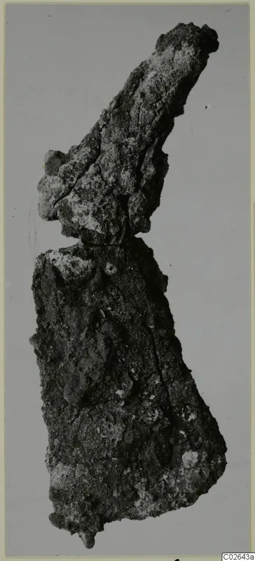 Heavily corroded iron object from Marion, photographed upright against a plain grey background