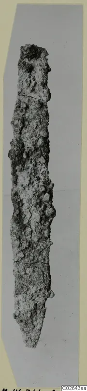 Pointed iron tool, heavily corroded, shown upright.