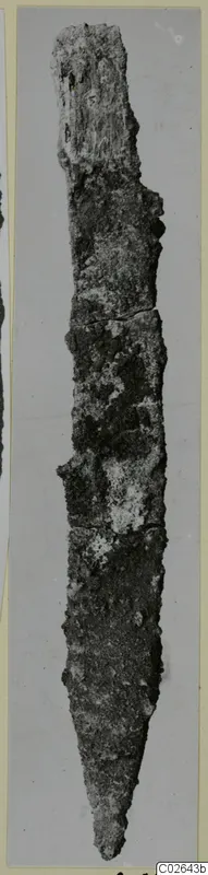 Long, narrow corroded iron object tapering to a point, photographed upright against a grey backdrop.