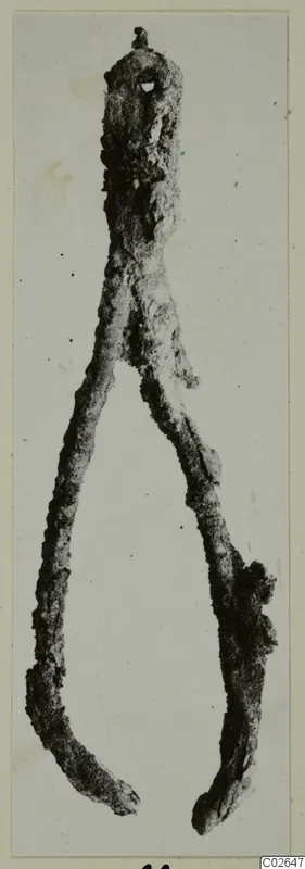 Corroded metal tool with a looped head and two long arms splayed apart, from Marion, on a pale background.