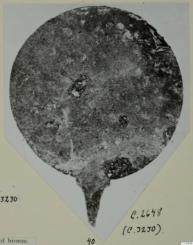 Round metal disc with a short pointed tang at its base, its surface corroded, shown on a mounted album card.