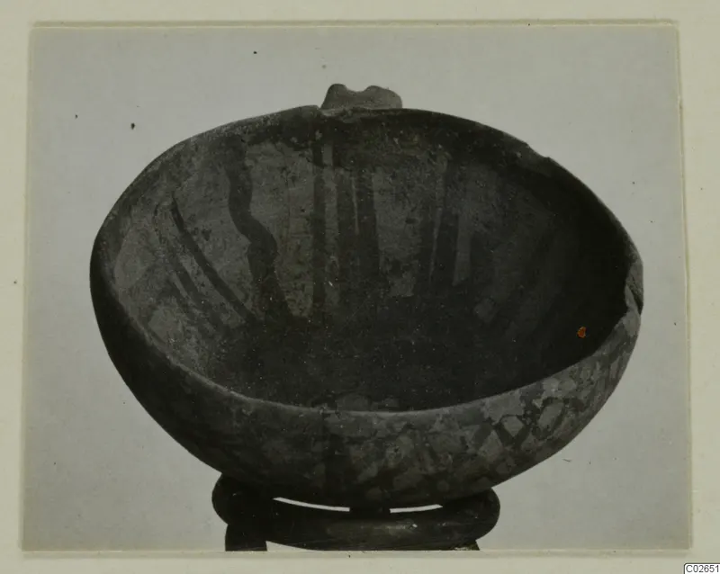White Painted IV-V bowl with dark painted bands, shown on a ring stand against a grey background.