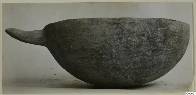 Black Slip Ware bowl with a horizontal handle at Ayios Iakovos, seen from the side