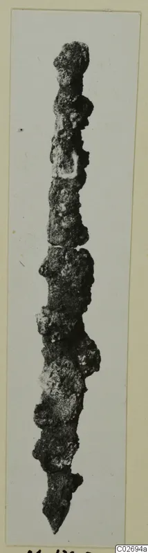 Long, corroded iron object tapering to a point at the lower end, photographed on a card mount