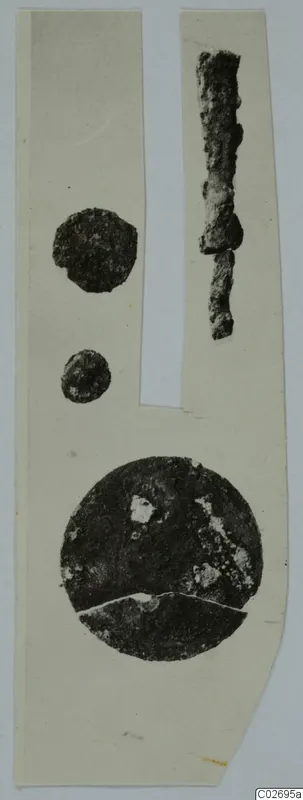 Corroded metal discs and an elongated metal rod, photographed on a mounted card, from Marion