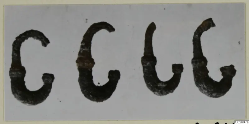Four corroded hook-shaped metal objects from Tomb 41 at Marion, shown side by side on a pale background