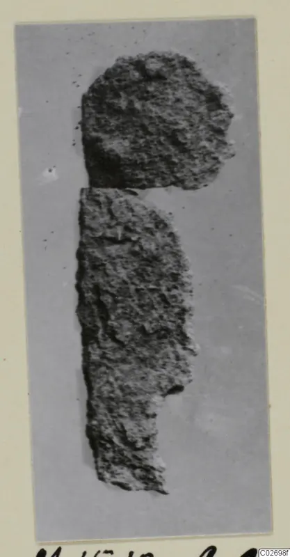 Two heavily corroded iron tool fragments photographed on a grey background