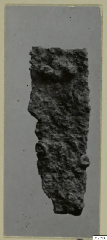 Corroded iron fragment, part of an iron tool, shown on a grey card