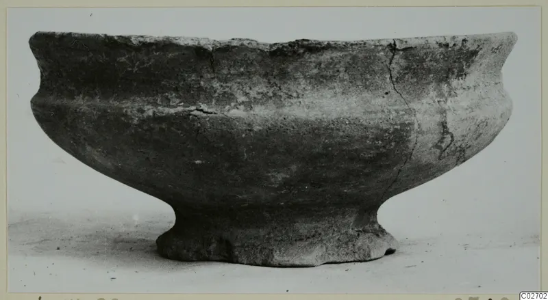 Pottery bowl with a flaring rim and a short foot, shown on a plain pale surface