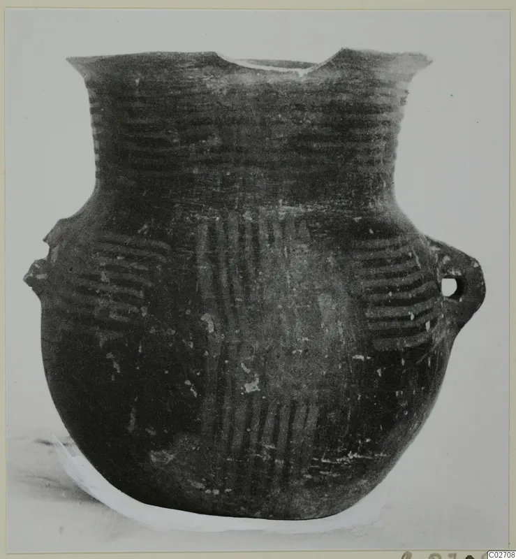 Dark-surfaced jar with a flaring rim, incised horizontal and vertical bands and two lug handles, on a pale background
