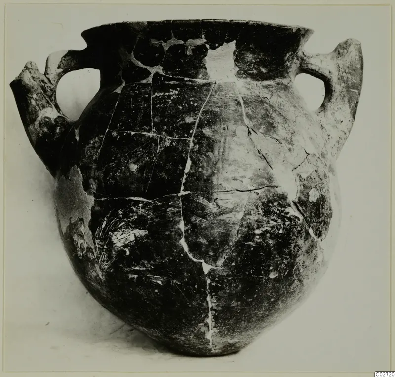 Two-handled pottery vessel with a dark polished surface and cracks, from Lapithos, Vrysi tou Barba tombs