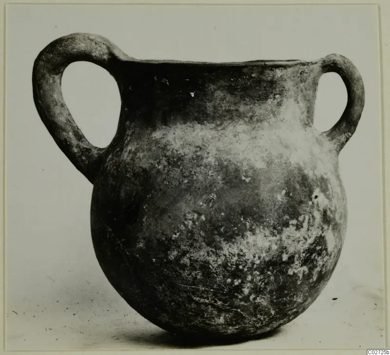 Pottery Red Polished II Bowl from Lapithos, Vrysi tou Barba tombs, with two loop handles and a round body