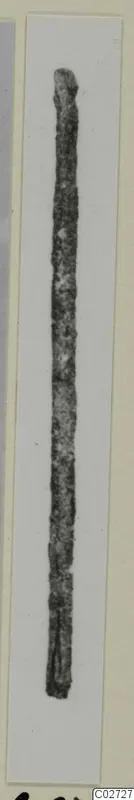 Long, slender corroded metal implement with a rounded top, shown upright on a white card