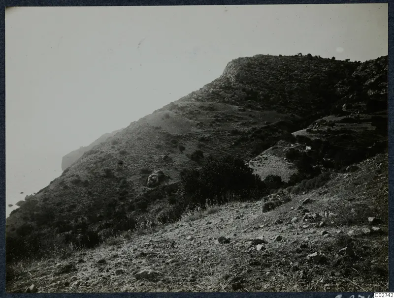 Steep scrubby hillside falling to the sea at Vouni, with rocky ground in the foreground.