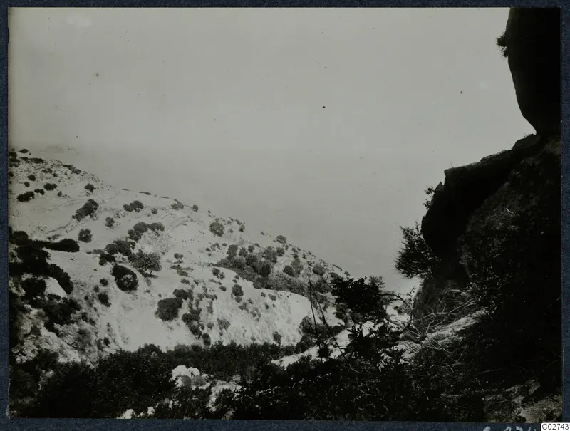 Hillside with scrub and a dark rock outcrop above the sea, Paradisotissa Loures