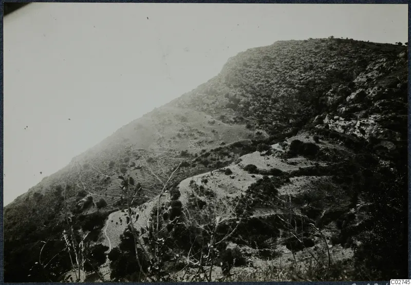 Steep hillside with scrub, bushes and a winding track, at Vouni, Paradisotissa and Loures.
