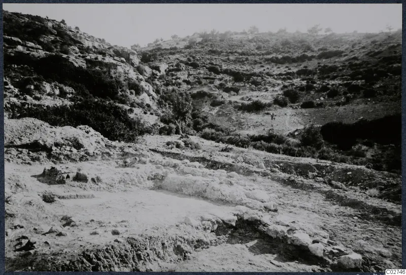Rocky, scrub-covered hillside above an excavated area with exposed stone foundations at Vouni