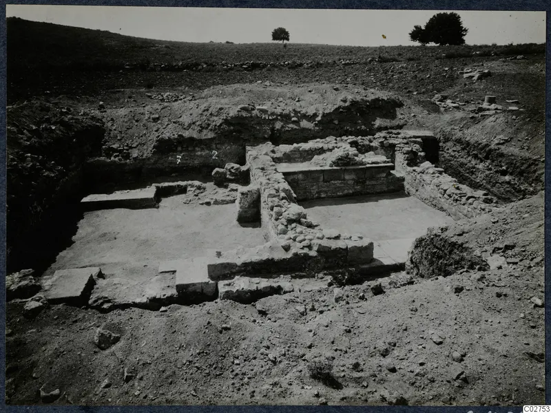 Excavated stone walls and a paved floor at Soli, Cholades, with trees on the hill behind.