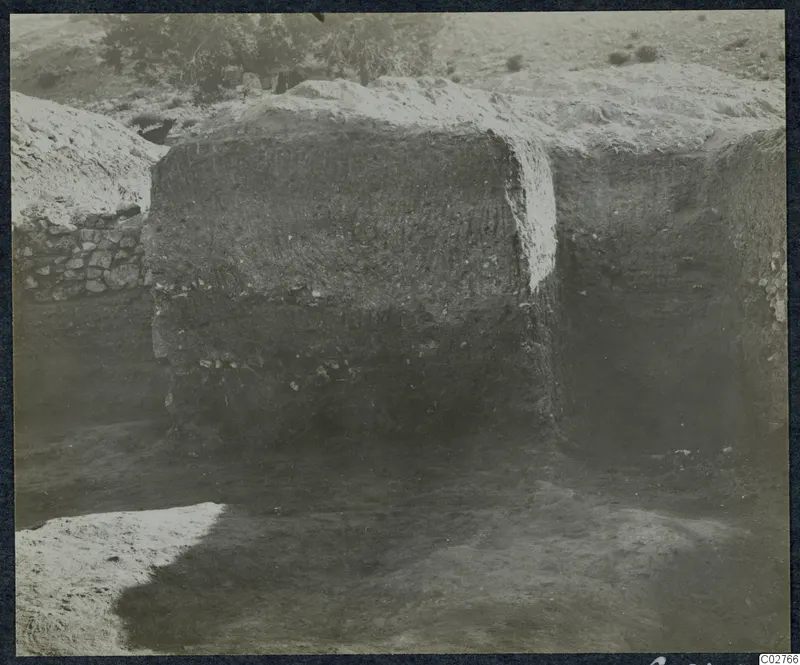 Soil section from the excavation at Mersinaki, with a stone wall and pale earth mound to the left.
