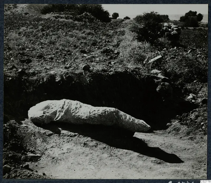 Large pale stone sculpture lying in situ in an excavated pit at Mersinaki