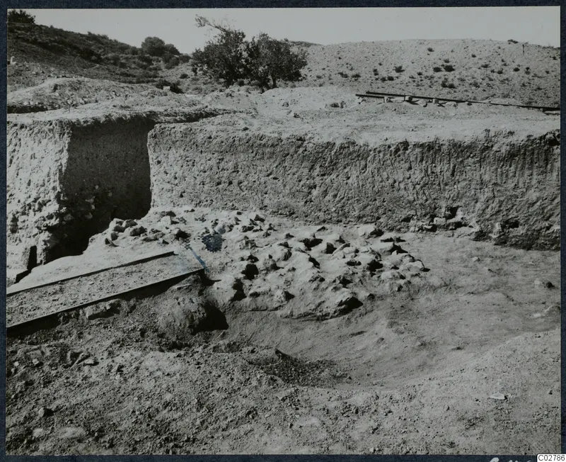Soil section and excavated trench at Mersinaki, with scattered stones and a rail track in the foreground