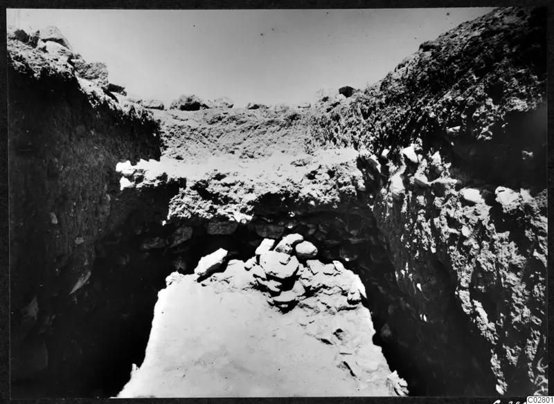 Trench 1 at Mersinaki with a heap of stones lying in the excavated cutting