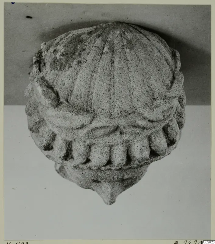 Limestone carved head or statue fragment from Kition, seen from the front against a grey backdrop