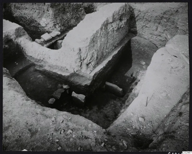 Excavation trench at Amathus with a raised pale wall and scattered stones on the floor of the cut
