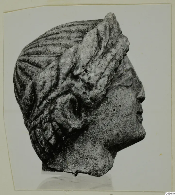 Limestone head in right profile, with wavy hair and a thick leafy headdress, from Vouni.