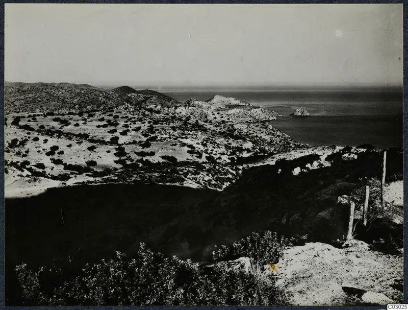 Rocky, scrubby hillside falling to the sea at Vouni, with a small offshore rock.