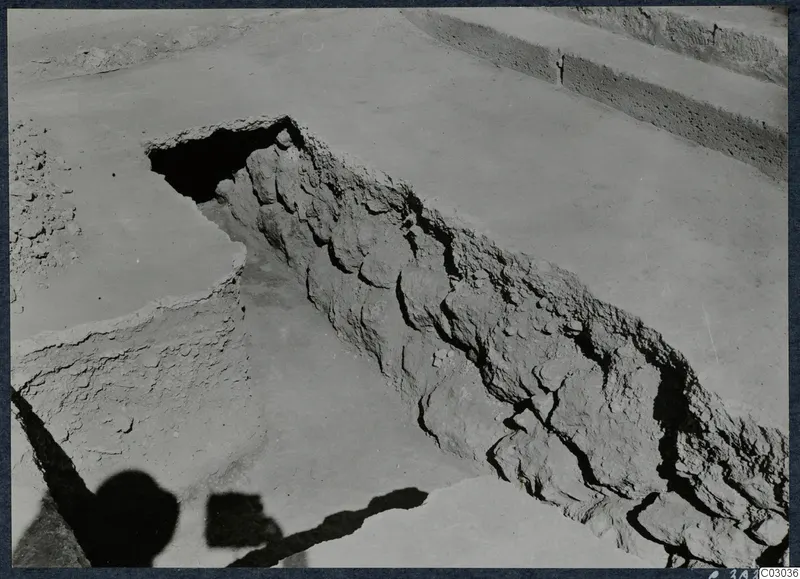 Excavation at Vouni palace showing a diagonal band of stones and packed earth, possibly a staircase, across a trench