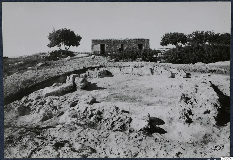 Excavated wall foundations at Vouni palace with a small stone building and trees behind them.